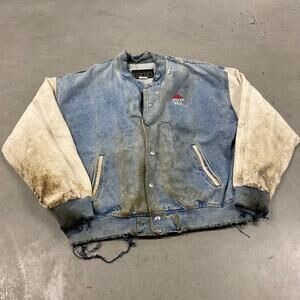 vintage trashed Pizza Hut denim bomber jacket